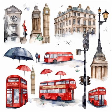 1 detailed travel clipart London in the style of Watercolor clip art, clipart, on a white background