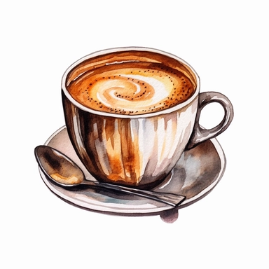 coffee cup freestanding watercolor clipart, flat drawing, hd on white background, hyper detailed, soft tones spaced out ar 3:2