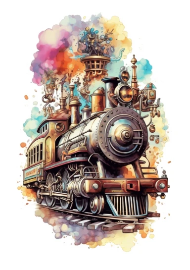 Locomotive Steampunk, big beautiful locomotive, bursting with steam, Steampunk Clipart, Retro Futuristic, Victorian Era Art Print, colorful, details, high quality 8K, white background