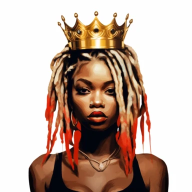 black dark-skin women with honey blonde dreadlocks wearing a golden crown staring straight forward with big red lips, clip art