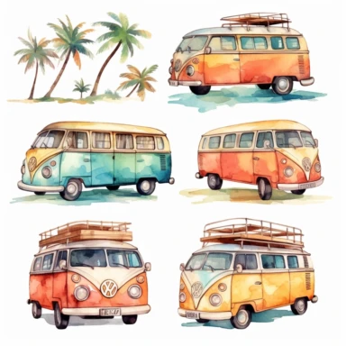 Beautiful and cozy Van, Hippie's Van, Beach and Sea, 9 High Clipart JPGs, cute design in Michael Powell style, Watercolor Art