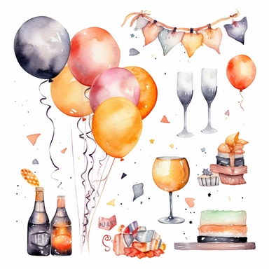 Party school prom , watercolor white background clipart set single elements with margin