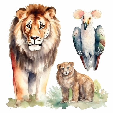 animals in nature, watercolor clip art AR 3:2