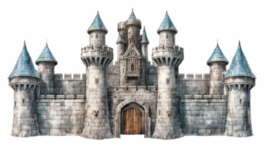 isolated images, illustrations on a white background, heavy armored castle walls exterior , serene, dark fantasy ,Clipart, cartoon, realistic, isolated, full building, highly detailed, hdr, 32K, photo expert quality,game asset , hyperrealistic and highly detailed, isolated on a white background