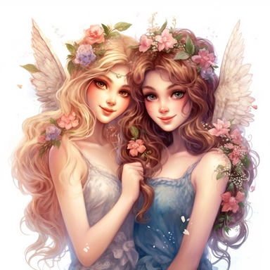 lilly stone, 3 beautiful smiling fairy friends with arms around each other, large wings, 16 year old girls with long wavy hair, soft colors, big eyes, BENTE SCHLICK style illistration, sparklecore, flowers, hyper detailed, white background, clipart