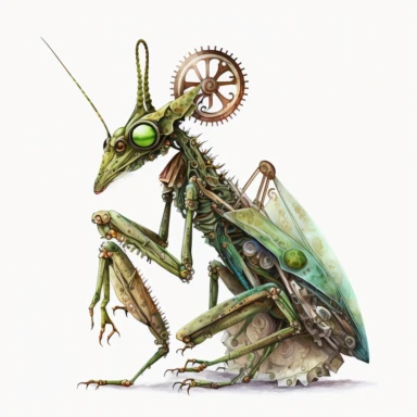 steampunk mantis, watercolor, clipart, white background