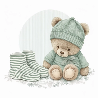 an ultra Cute little newborn baby teddy bear wearing pyjamas, dusky sage green shabby chic traditional classic striped pyjamas a bedtime hat and slipper shoes, watercolour, cute,, bedtime, sleepy, dreamy, isolated on white background, Clipart
