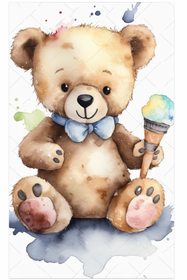 teddy bear with ice cream watercolor clipart