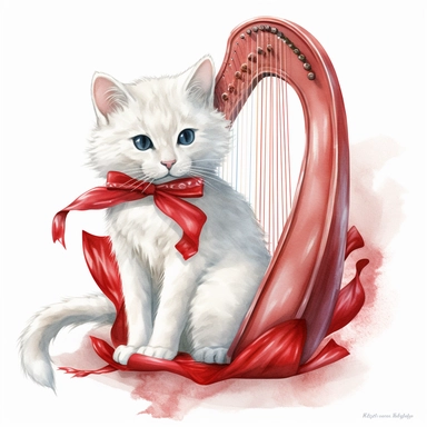 A clipart of a white cat wearing a red ribbon and holding a harp, just like an angel from a fairytale, watercolor style, realistic, bright colors, 300 dpi, 8k, white and clear background
