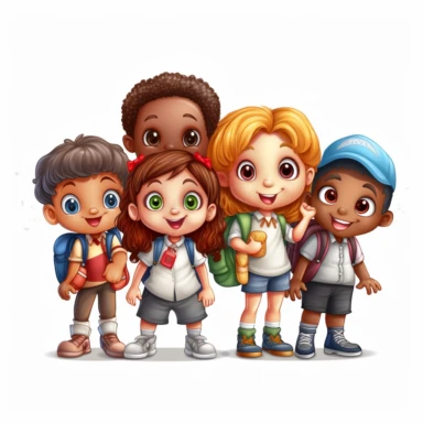 Clipart featuring a group of school kids standing together with a white background, ready for the new school year.
