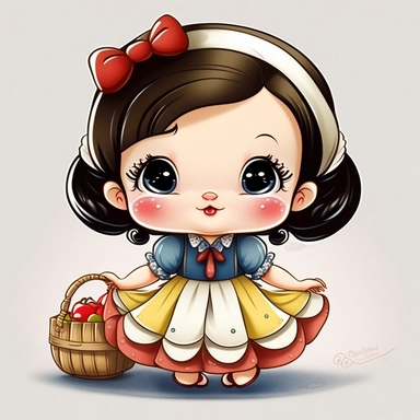 Disney princess baby 1 year old snow white chibi style holding a basket of apples happy little happy eyes kawaii style happy detailed sharp detailed mouth with smile delicate rounded face crisp detailed dress hands behind feet hand drawn chibi style painted like watercolor in 32k paper clip art