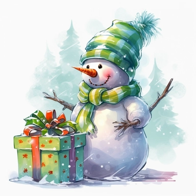 christmas gifts, snowman, bright colors, ultradetailed hd, oil painting, lateral view, clipart, transparent background, clear background, green leaves, high resolution, watercolor, vector, 12k, 300 dpi, 12: 12 ratio