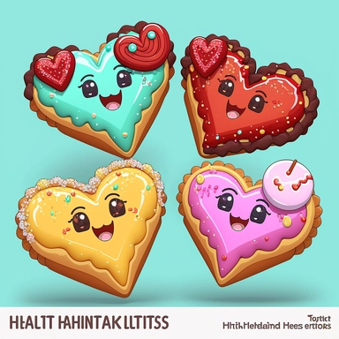 kawaii happy smiling cute valentines day heart pastries clipart, highly detailed, colorful, 3d, high definition