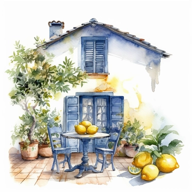 house with blue shutters in french country style and lemons on the table clipart watercolor on a white background, high quality, photorealistic highly detailed watercolor painting--q 2