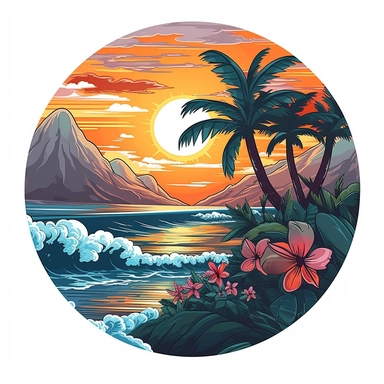 a sticker, artwork of t shirt graphic of majestic palm tree in digital painting style , beautiful flowers, sunrise mountains and clouds , big sea waves, water splashes, white background, colorful fantasy flower sorround, highly detailed clean, vector image, photorealistic masterpiece, professional photography, realistic, flat white background, isometric, vibrant vector, clipart, illustration, realism, 4k, , cinematic, front view, white background,