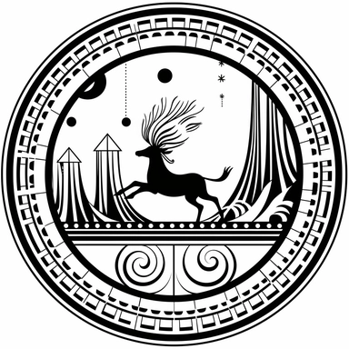 Left aligned, bottom aligned, quarter of a circle, art nouveau style, black lines, detailed, flat design, simple design, sleigh and reindeer, white background, clipart style, black and white,