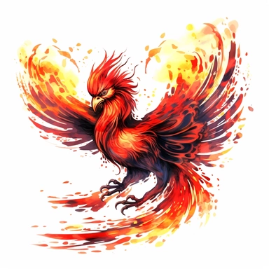 a glowing phoenix with red lights on his eyes, fantasy creatures, watercolor style, in the style of bold black outlines, manhwa character design, master of flames, dark red and light yellow, orange, 2d game art, quadratura, clipart, on white blackground