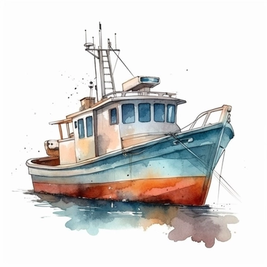 Fishing boat clipart, watercolor illustration, simple, clean, ultra-realistic, isolated on the white background, bright colors, very detailed, hd