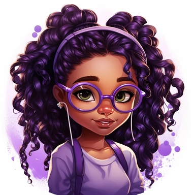 beautiful adorable black young girl clipart, braided hair, with dreamy brown eyes, wearing purple glassess, kawaii style v5.1