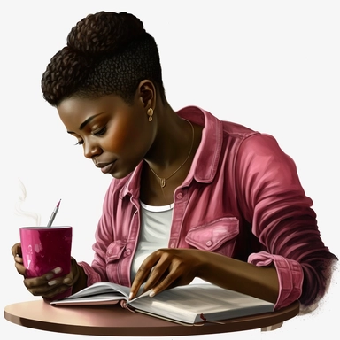 gorgeous black woman clipart, sitting at table, studying the bible sipping a coffee, pixie cut hairstyle, dark rose pink blouse, denim jeans, dark brown skinned, melanin, white background, dark rose pink--v 5