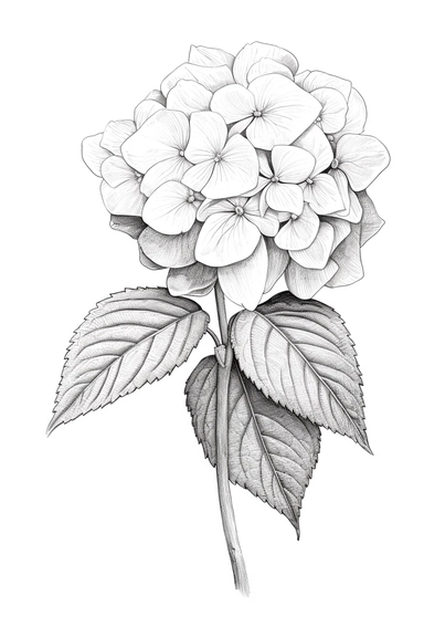 line drawing clipart of a single hydrangea in black and white, coloured in