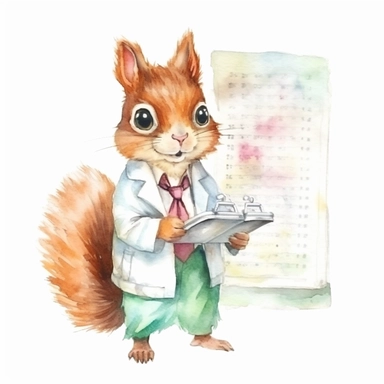 a cute watercolor clipart image with a white background, featuring a charming cute cartoon squirrel doctor in a lab coat holding a medical chart