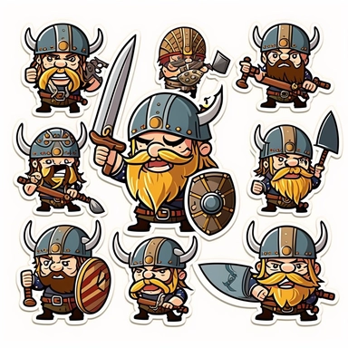 10 cute barbarian soldier army on viking ship stickers collection, clipart design, cartoon, 4k, white background