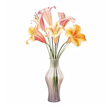 Design a dreamy watercolor clipart of japanese-inspired Oriental lilies in shades of orange, pink, and white arranged in a tall and elegant vase composition, hand-painted with soft and graceful brushstrokes. Draw inspiration from the artistic finesse of Ethereal Petals Watercolors for a refined and ethereal depiction. isolated on a white background, hand-drawn illustration, hand-painted watercolor texture, 16k UHD resolution, intricately detailed, sharp focal points, designed by Ana Victoria Cal