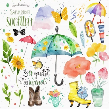 Please create a series of watercolor clipart illustrations featuring different items related to spring. Each illustration should be drawn in a charming and playful style that captures the beauty and vibrancy of the season. Items to include can be flowers, butterflies, birds, bees, rain boots, and umbrellas. Please use a coherent color palette that is bright and cheerful, but also soothing and calming. Colors that are associated with spring, such as greens, blues, pinks, and yellows, should be us