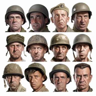 a clipart gallery of the faces of world war 2 soldiers form the united states army, helmets, photo realistic, white background, grim and stern face, in the style of a caricature, oil painting, 3/4 angle
