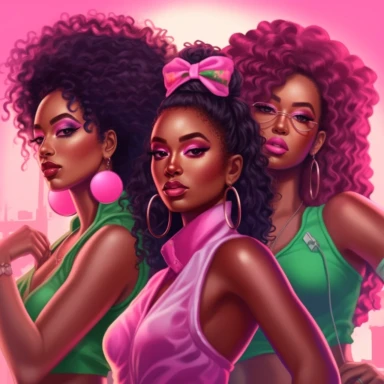 Group of african american sorority ladies, mid - thirties dressed in pink and green, hyper realistic, curly hair or long braids, slight smile, posing, super model style in soft clipart style in the style of lisa frank and charlie bowater and rus trans all wearing pink sunshades