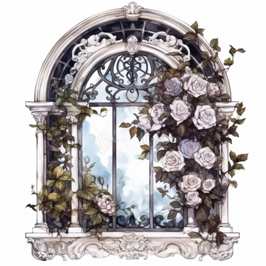 a gothic victorian window, overgrown with very big white roses beautifully designed, clear view on a victorian city, in the style of dark intense colors, watercolor, clipart, white background