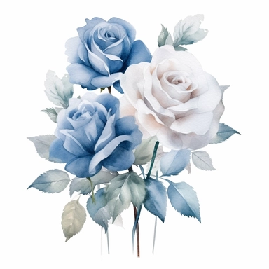 Watercolor faded dusty blue roses clipart, rose floral bouquet, white background