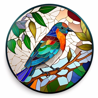 Exotic Bird Colorful Stained Glass Circle Clipart, white background,