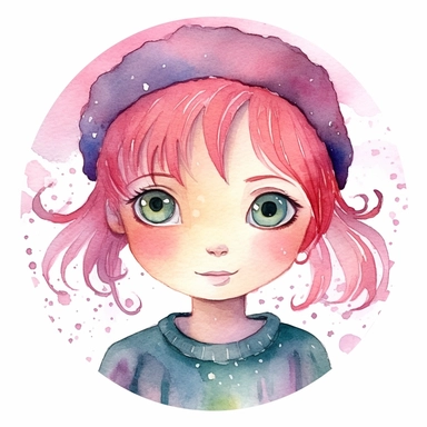 watercolour clipart of a girl with pink hair , green eyes, she is the catalyst for her group shared common dreams, binding the girls together. She is direct, occasionally sharp-tongued, and highly empathetic. With a heart full of compassion, she never hesitates to lend a helping hand to anyone in need. She`s dedication to their craft is unparalleled, make her smiling, exalted mood, white background, 8k, f1