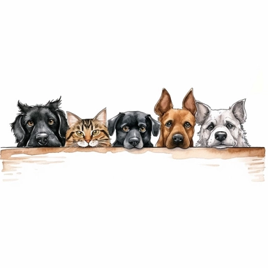 Row of the tops of heads of cats and dogs with paws up, peeking over a blank white sign cartoon watercolor clipart in white background