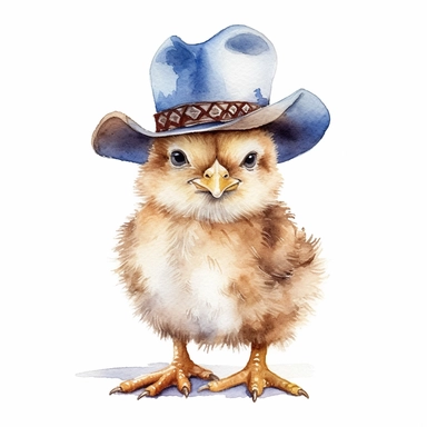 Baby chicken in a cowboy hat, full body, clip art, watercolor, clean, neat.
