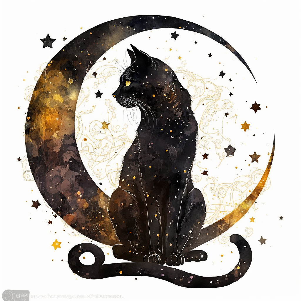 a sitting skinny pagan black cat with moon and stars against white ...