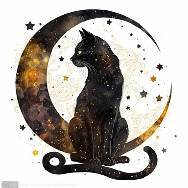 a sitting skinny pagan black cat with moon and stars against white background, clipart, moon, watercolors, white background, stars, planets, galaxy, magical, ornaments, little golden stars, full body, imaginative spacescapes, sparky, golden glitter, oraneg eyes, use Cool Color Palette, intricate illustrations, graffiti - inspired animals