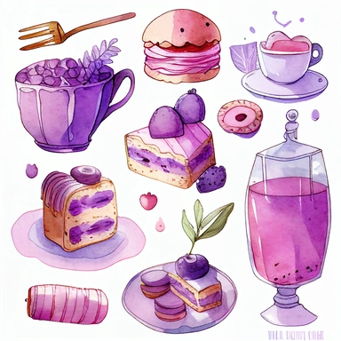 Draw a set of cartoon - style watercolor illustrations of a lavender - themed afternoon tea in shades of purple and pink. The images should have a elegant, refined, and sweet aesthetic, incorporating elements such as lavender - scented desserts, teas, and other culinary items such as macarons, scones, and a teapot. Individual images cliparts