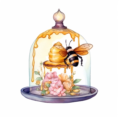 whimsical watercolour clip art honey cupcake under a glass dome with bee decorations