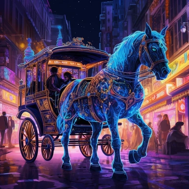 A horse-drawn carriage glides through the streets of a futuristic city at night, illuminated by vibrant neon lights. The carriage, beautifully adorned with intricate designs and embellishments, is pulled by a pair of majestic horses with sleek metallic armor. Their hooves create a rhythmic clattering sound against the polished pavement as they trot elegantly. The horses' manes and tails shimmer with iridescent colors, reflecting the neon lights that surround them. The streets are lined with towe