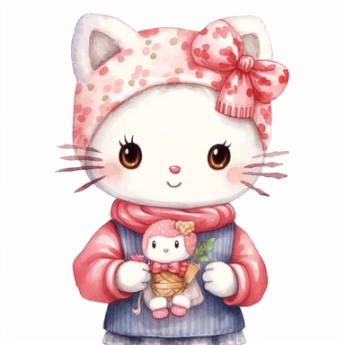 hello kitty, hand drawn, watercolor, clipart, cute cartoon illustration, simple, white background