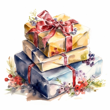 insanely beautiful pile of 3 gift packages , in the style of beatrice potter, 32k uhd, hand-painted details, pastoral illustrations, amazing colour combinations , aquarellist, hd , white background clipart ,-- no watermark--ar 27:37