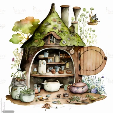 a hyper-detailed illustration watercolor clipart of a whimsical kitchen of a fairy house built out of natural materials by a human,complete kitchen utensil and kitchenware and foods in preparation , zoom close up view on wooden table watercolor illustration, illustration style a combination of Beatrix Potter and Tove Jansson,isolated on white background with margins, cut-out images