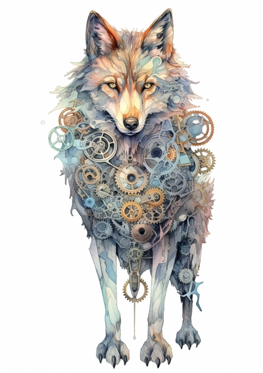 Steampunk Gray wolf clipart, realistic, Watercolor Retro Futuristic Victorian Era, art picture, full body, watercolor, multicolor, white background, lots of details, high quality - 8K,