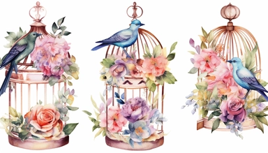 watercolor clipart set illustrations of beautiful intricate Victorian birdcage with flowers on white background