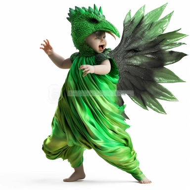 green baby girl Godzilla, looks like an alien, doing high step dance moves, wearing a designer dress made from Phoenix feathers , ultra high fashion, wearing ruby neck scarf, techno lighting, disney cuteness, plain white background, cutout clipart