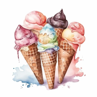 Watercolour of some scoops of Ice Cream , Clipart,Cartoon,hyper realistic, intricate detail isolated on a white background, high quality, sublimation, detailed, cartoon style