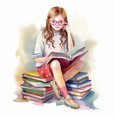 beautiful little girl reading, illustration for book lover, in the style of romantic academia, pretty, realistic watercolor paintings, transparent/translucent medium, clipart, isolated on white background, pont-aven school, dusty piles, optical